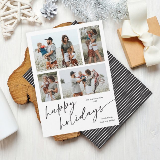 Simple 4 Photo Collage Script Happy Holidays Holiday Card (Simple script 4 photo collage black and white happy holidays card. )