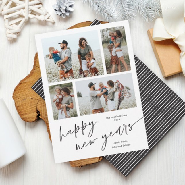 Simple 4 Photo Collage Script Happy New Years Holiday Card (A simple script 4 photo collage black and white happy new years holiday card.)