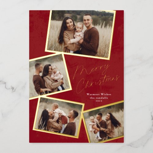 Simple 4 Photo Collage Script Merry Christmas Foil Holiday Card