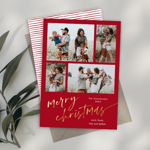 Simple 4 Photo Collage Script Merry Christmas  Foil Holiday Card