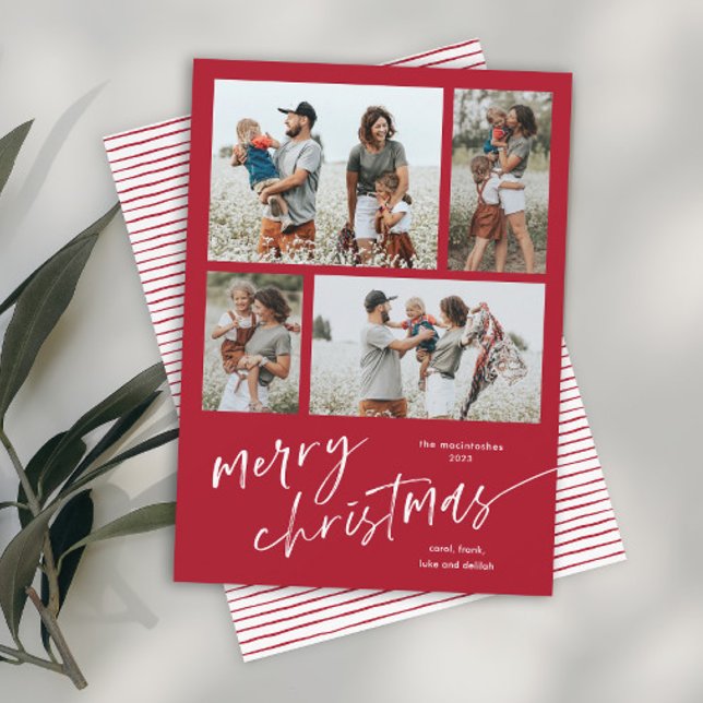 Simple 4 Photo Collage Script Merry Christmas Holiday Card (Simple red and white modern merry christmas script photo holiday card with matching stripe backer.)