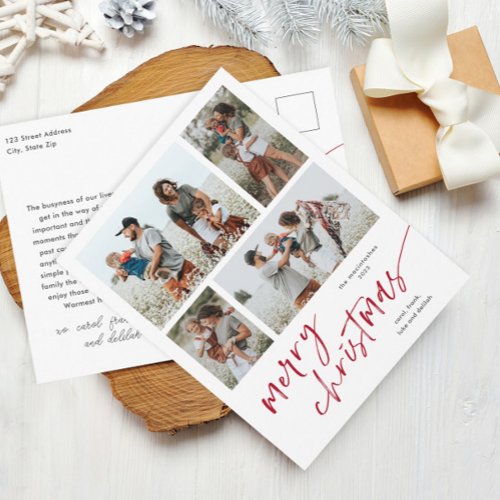 Simple 4 Photo Collage Script Merry Christmas Holiday Postcard