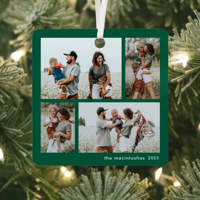 Simple 4 Photo Collage Script Merry Christmas Metal Ornament (Insitu)