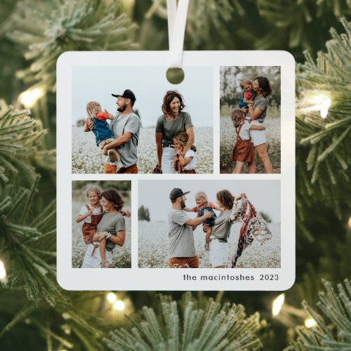 Simple 4 Photo Collage Script Merry Christmas Metal Ornament
