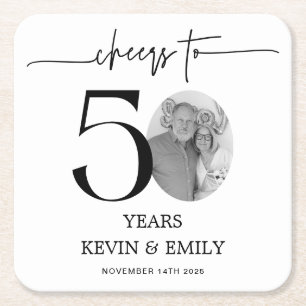 Simple 50th Anniversary Photo Cheers to 50 Square Paper Coaster