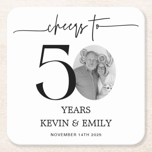 Simple 50th Anniversary Photo Cheers to 50 Square Paper Coaster