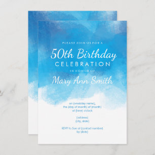 Simple 50th Birthday Party Blue Watercolor Invitation