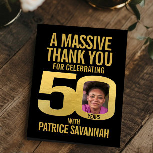 Simple 50th birthday photo black and gold thank you card