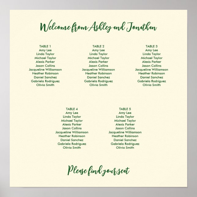 Simple 5 Table Ivory Cream Green Seating Chart (Front)