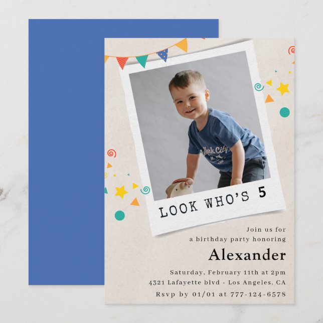 Simple 5th birthday invitations Blue Photo (Front/Back)