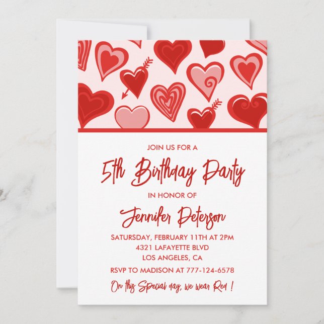 Simple 5th birthday invitations for her Hearts (Front)