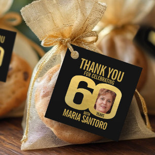Simple 60th birthday photo black and gold favor tags