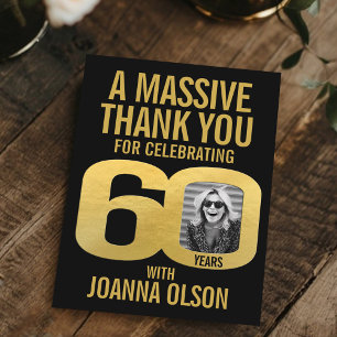 Simple 60th birthday photo black and gold thank you card