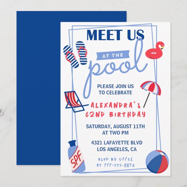Simple 62nd birthday invitations Pool Party Summer (Front/Back)