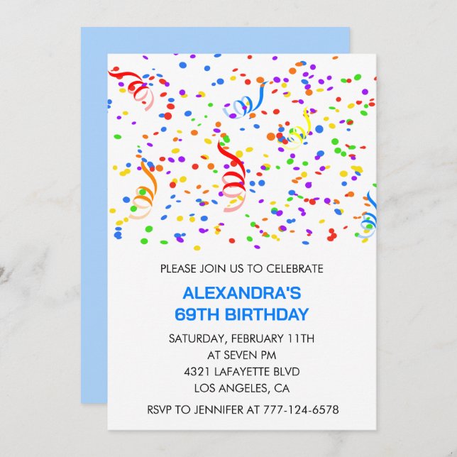 Simple 69th birthday invitations Confetti Rainbow (Front/Back)
