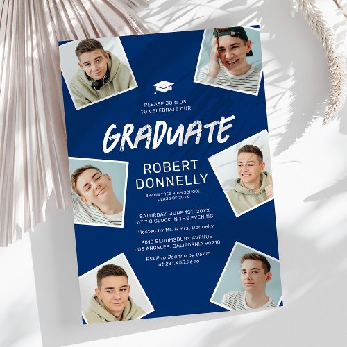 Simple 6 Photo Blue Graduation Party Invitations