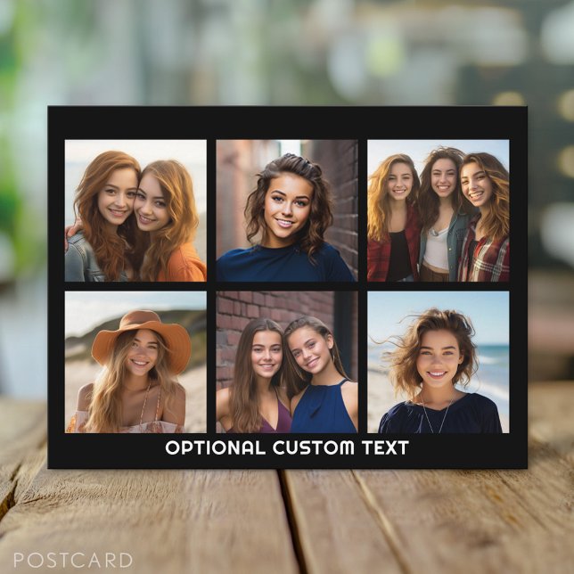 Simple 6 Photo Collage Grid with Text -- Black Postcard (Custom Personalized Photo Collage Postcard)