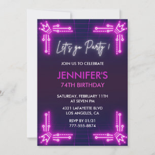 Simple 74th birthday invitations Girl Pink Neon