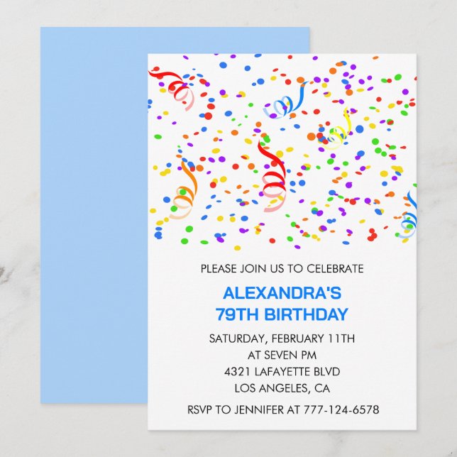 Simple 79th birthday invitations Confetti Rainbow (Front/Back)