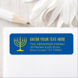 Simple 7 Candle Menorah Gold & Blue Return Address Label<br><div class="desc">Add the perfect finishing touch to cards, invitations, and other correspondence with these elegant blue and gold return address labels. The gold is non-metallic printed color, not foil. All text can easily be customized with any greeting, name, and address. Design features a simple seven candle menorah with lit candles and...</div>