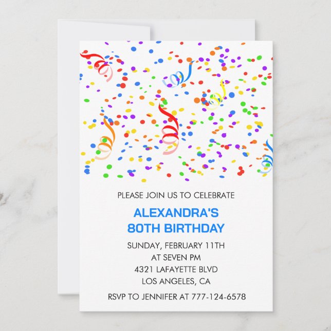 Simple 80th birthday invitations Confetti Rainbow (Front)
