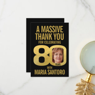 Simple 80th birthday photo black and gold thank you card