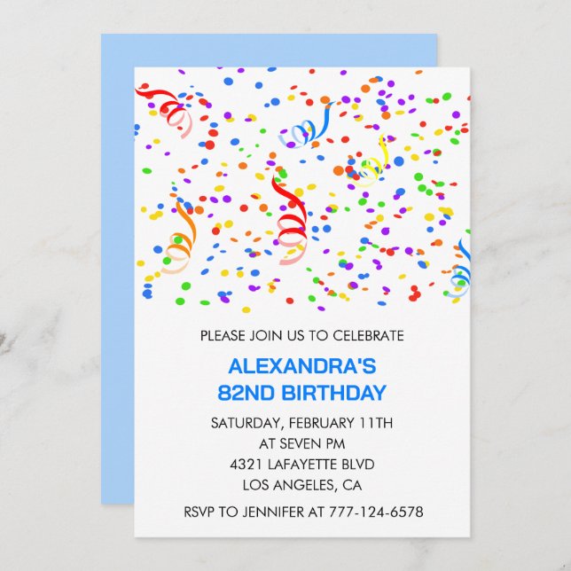 Simple 82nd birthday invitations Confetti Rainbow (Front/Back)