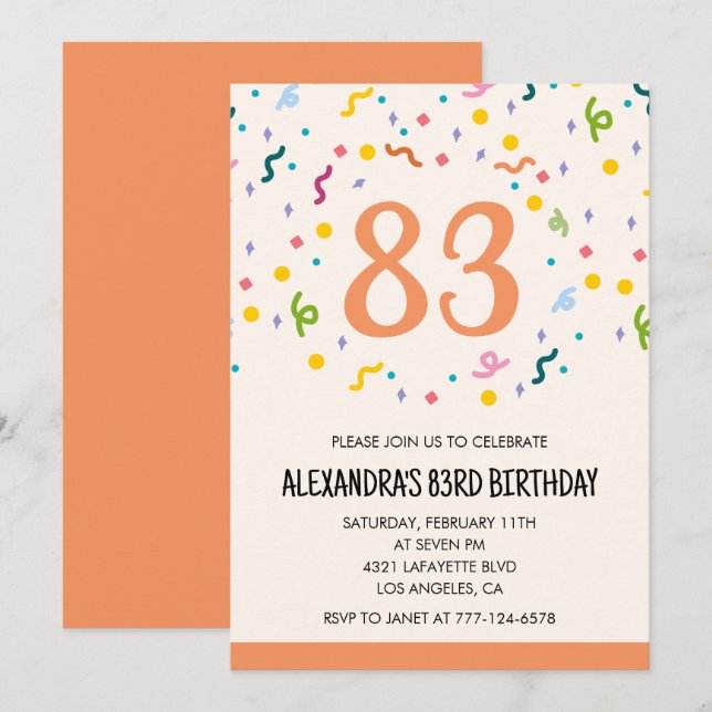 Simple 83rd birthday invitations Confetti Modern (Front/Back)