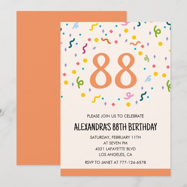 Simple 88th birthday invitations Confetti Modern (Front/Back)