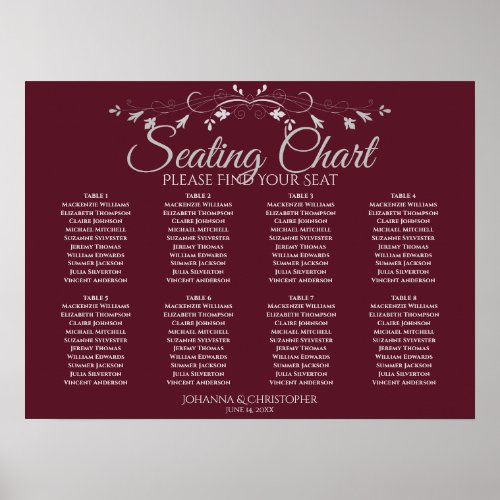 Simple 8 Table Burgundy Wedding Seating Chart