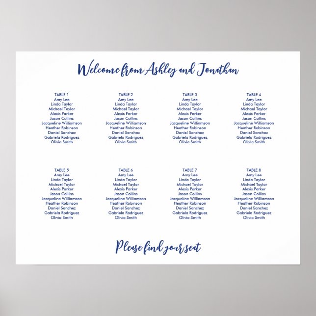 Simple 8 Table Dark Blue Seating Chart (Front)