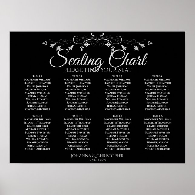 Simple 8 Table Gray on Black Wedding Seating Chart (Front)
