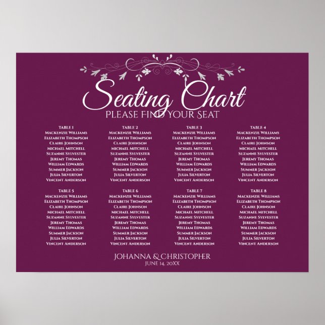 Simple 8 Table Magenta Plum Wedding Seating Chart (Front)