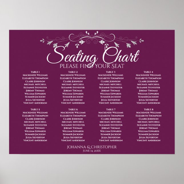 Simple 8 Table Magenta Plum Wedding Seating Chart (Front)