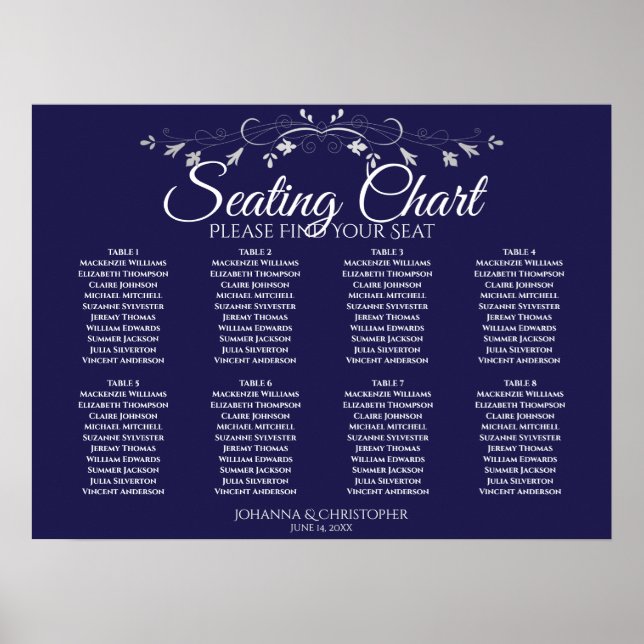 Simple 8 Table Navy Blue Wedding Seating Chart (Front)