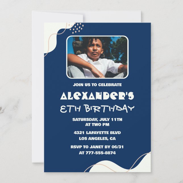 Simple 8th birthday invitations Boy Photo Navy (Front)