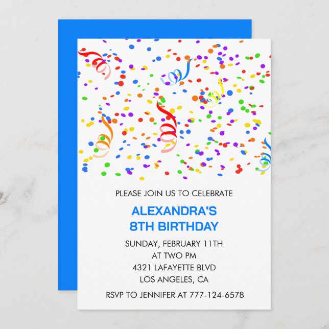 Simple 8th birthday invitations Confetti Rainbow (Front/Back)