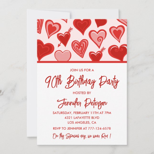 Simple 90th birthday invitations for her Hearts (Front)