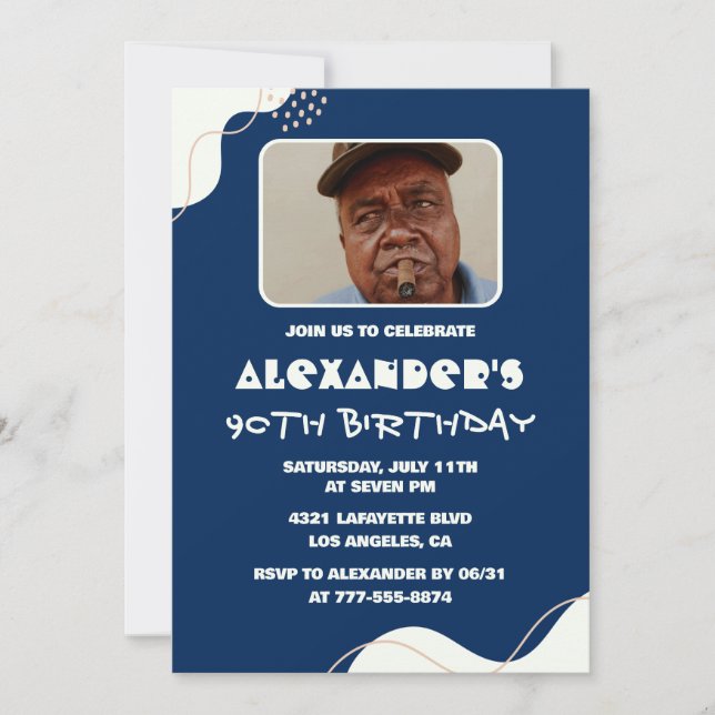 Simple 90th birthday invitations Men Photo Navy (Front)
