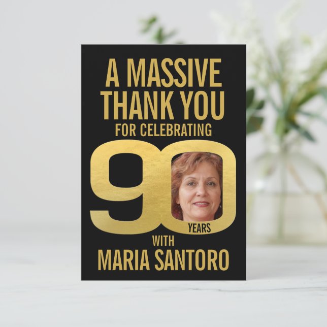 Simple 90th birthday photo black and gold  thank you card (Standing Front)