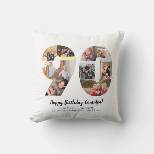Simple 90th Number Photo Collage Custom Greeting Throw Pillow (Front)
