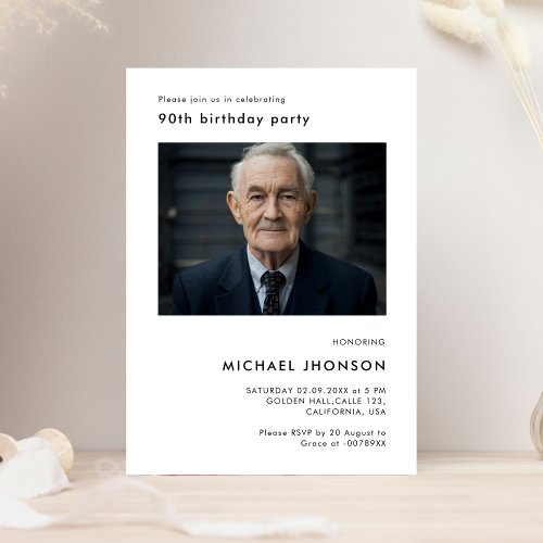  Simple 90th Photo Birthday Black  White Party Invitation
