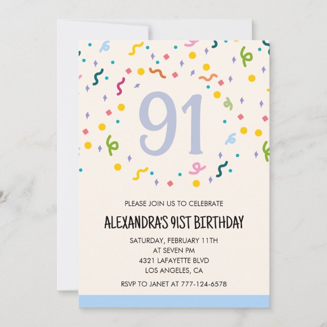 Simple 91st birthday invitations Confetti Modern   (Front)