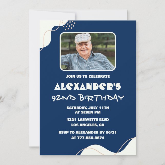 Simple 92nd birthday invitations Men Photo Navy (Front)
