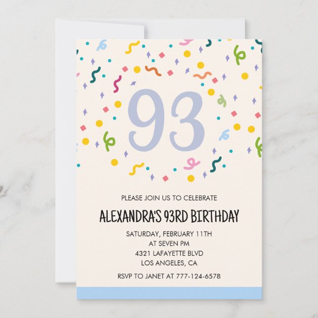 Simple 93rd birthday invitations Confetti Modern   (Front)