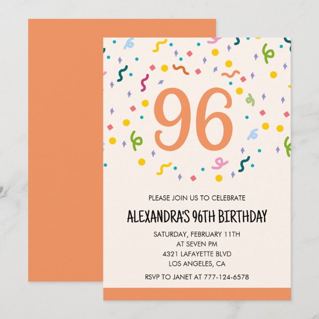 Simple 96th birthday invitations Confetti Modern (Front/Back)