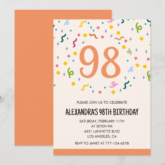 Simple 98th birthday invitations Confetti Modern (Front/Back)