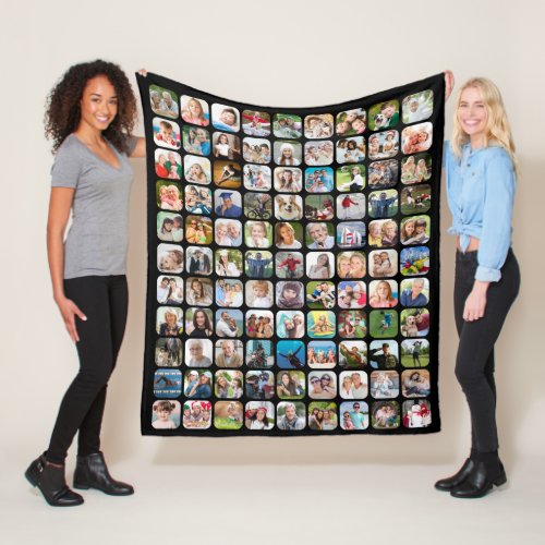 Simple 99 Photo Collage Rounded Square Black Fleece Blanket - Easily create a photo collage of 99 rounded square photos for family members or commemorating a special occasion like birthday, anniversary o graduation for a meaningful, memorable photo keepsake gift or for family memories to cozy up with. PHOTO TIP:  This easy-to-upload photo template works seamless if you pre-crop your photos into square shapes or have the subject in the middle BEFORE uploading and use the CHANGE TAB in the PERSONALIZE section to replace the sample photo with yours. NOTE that pixelation/blurry warnings may occur and you may choose to resize your original image before uploading. CHANGES:  Select a different background color or choose a styled graphic background by clicking CUSTOMIZE FURTHER. Contact the designer via Zazzle Chat or makeitaboutyoustore@gmail.com if you'd like this design modified, help with adding text or transferred to another product.