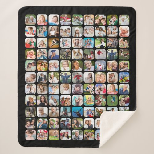 Simple 99 Photo Collage Rounded Square Black Sherpa Blanket - Easily create a photo collage of 99 rounded square photos for family members or commemorating a special occasion like birthday, anniversary or graduation for a meaningful, memorable photo keepsake gift or for family memories to cozy up with. PHOTO TIP:  This easy-to-upload photo template works seamless if you pre-crop your photos into square shapes or have the subject in the middle BEFORE uploading and use the CHANGE TAB in the PERSONALIZE section to replace the sample photo with yours. NOTE that pixelation/blurry warnings may occur and you may choose to resize your original image before uploading. CHANGES:  Select a different background color or choose a styled graphic background by clicking CUSTOMIZE FURTHER. Contact the designer via Zazzle Chat or makeitaboutyoustore@gmail.com if you'd like this design modified, help with adding text or transferred to another product.