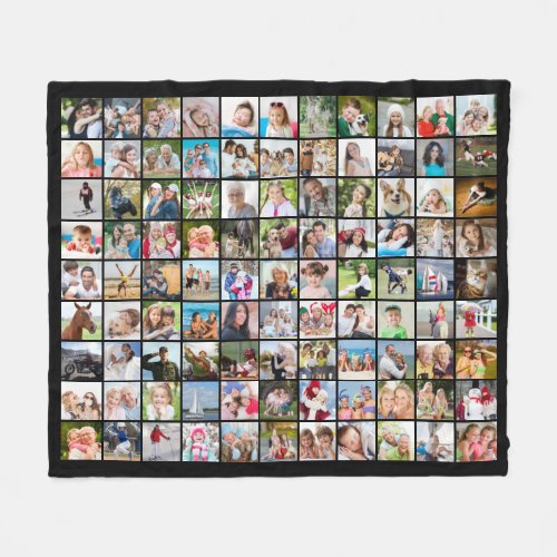 Simple 99 Photo Collage Squares Black Fleece Blanket - Easily create a photo memory blamket with a photo collage of 99 pictures or images with this DIY photo template. Ideal for commemorating a special event or milestone or for a meaningful, memorable photo memory keepsake gift for family members, mom or grandparents. PHOTO TIP:  Pre-crop/size your photos into a square shape or have the subject in the middle BEFORE uploading. NOTE that pixelation/blurry warnings may occur and you may choose to resize your original image before uploading or utilize the Zazzle LIVE help pop-up, online services or the designer may help you. CHANGES:  Select a different background color or choose a styled graphic background or personalize by adding a text overlay by clicking CUSTOMIZE FURTHER. Contact the designer via Zazzle Chat or makeitaboutyoustore@gmail.com if you'd like this design modified or on another product.